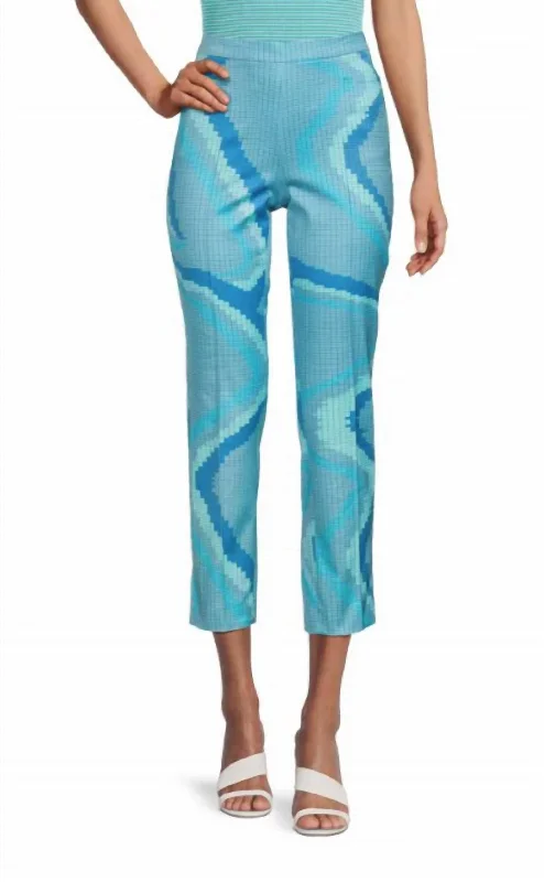 women's glitter evening gown -women's camo print leggings -Franca Wave Print Ankle Dress Pant In Turquoise Multi