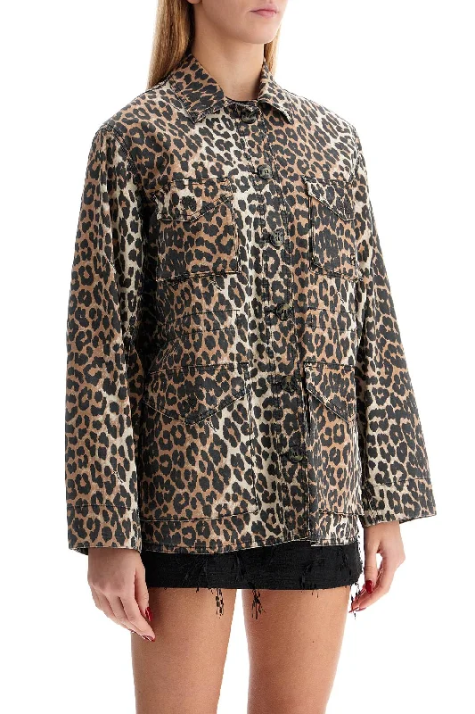 trendy hooded faux fur coat for women -Ganni Leopard Print Canvas Overshirt