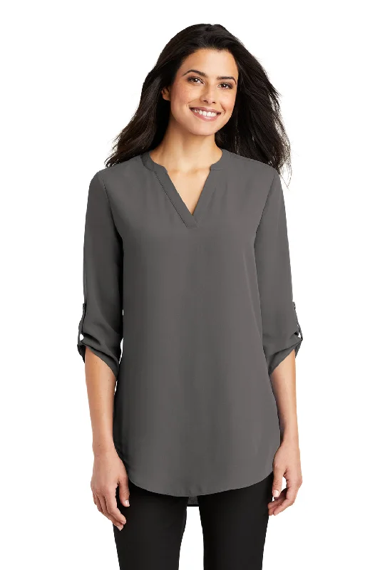 women's elegant pleated blouse -Port Authority Womens 3/4 Sleeve V-Neck T-Shirt - Sterling Grey