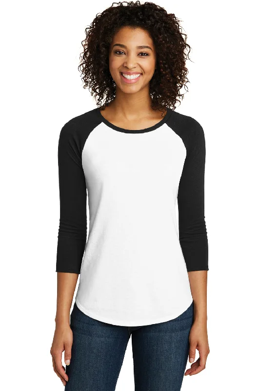 women's draped front tunic -District Womens Very Important 3/4 Sleeve Crewneck T-Shirt - White/Black - Closeout