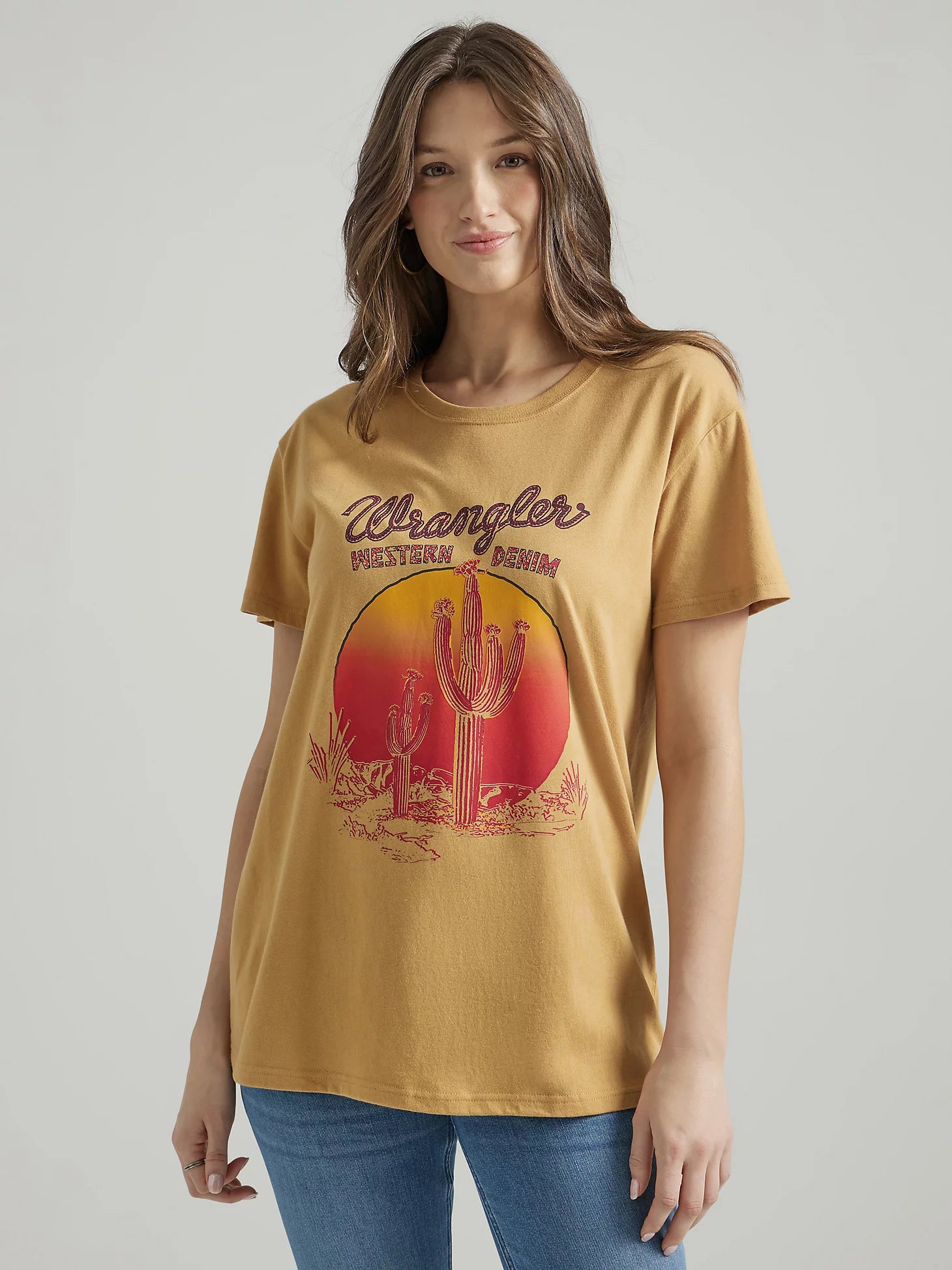 women's layered ruffle blouse -Women's Wrangler Western Graphic Boyfriend Tee in Pale Gold