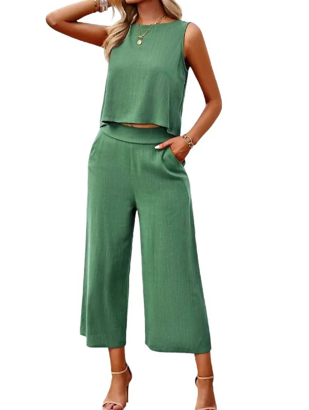 women's classic shift dress -women's distressed boyfriend jeans -Sleeveless Cropped Top And Wide Pants Set In Green