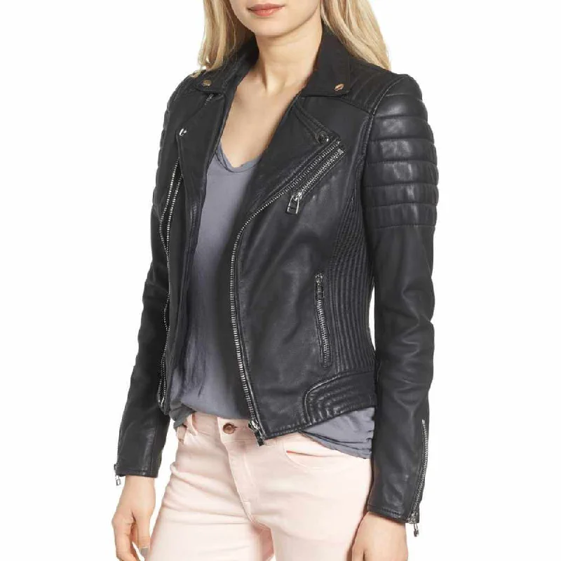 ladies' wrap front wool coat -Women Slim Fit Motorcycle Leather Jacket