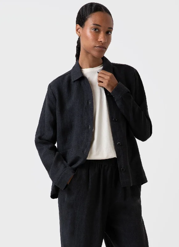 women's wool blend coat -Women's Linen Twin Pocket Jacket in Black