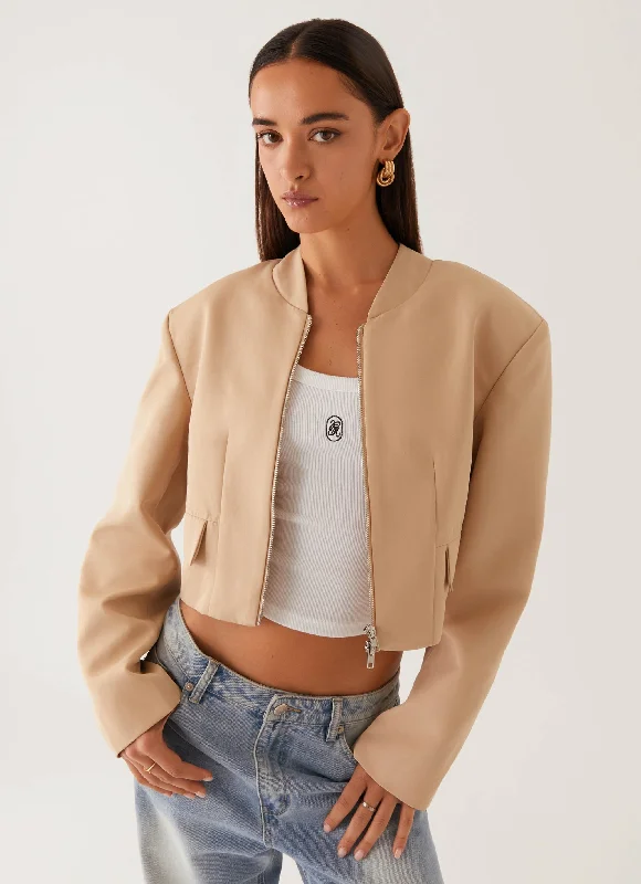 women's belted faux suede coat -Halyn Cropped Bomber Jacket - Brown