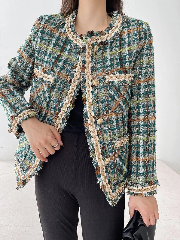 trendy animal print coat for women -Green Tweed Jacket Cardigan Short Coat