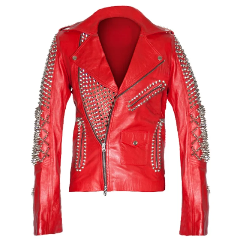 women's long padded winter coat -Brando Studded Leather Red Biker Jacket