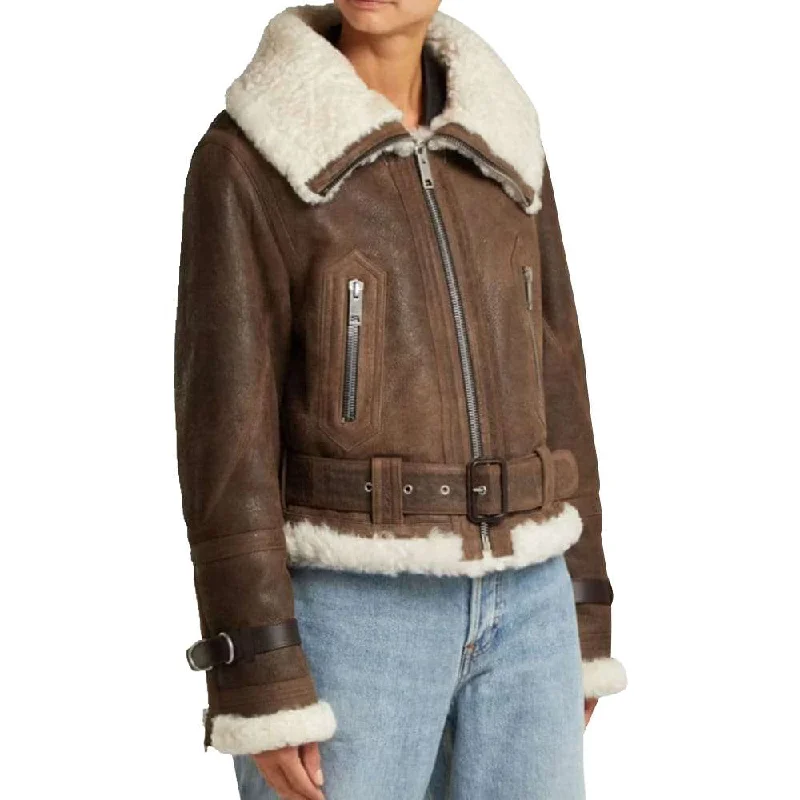 stylish tailored blazer for women -Women Shearling Flight Aviator Brown Leather Jacket