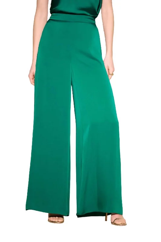 women's V-neck cocktail dress -women's cropped wide-leg pants -Satin Wide Leg Pant In True Emerald