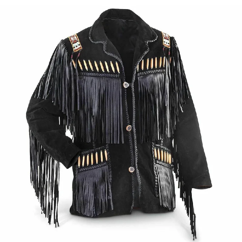 women's minimalist winter coat -Black Cowboy Western Fringes Jacket Men