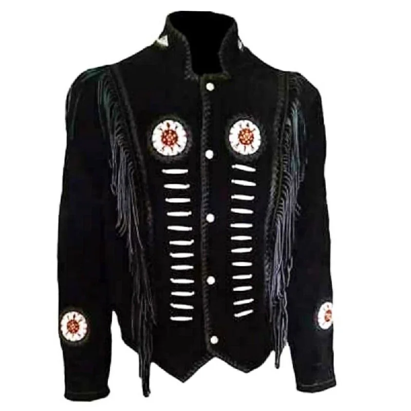 women's reversible teddy coat -Western Black Leather Bones/Beads Jacket