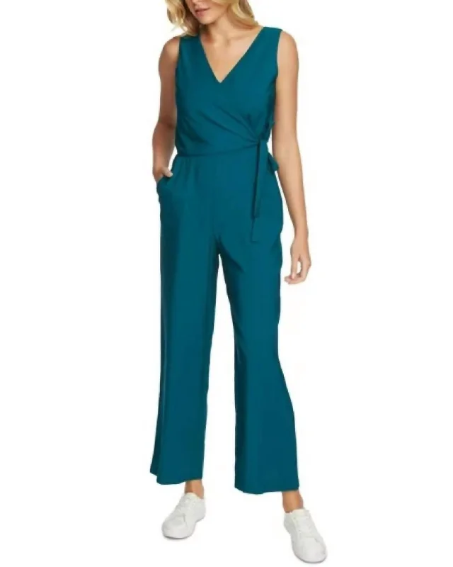 women's high-low hem dress -women's mermaid fishtail skirt -Sleeveless Vneck Wrap Cropped Jumpsuit In Blue Green