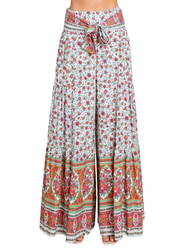 women's button-up denim dress -women's high-waisted pencil skirt -Floral Print Palazzo Wide Leg Pants In Off White