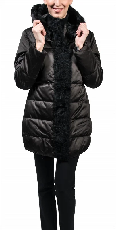 stylish structured blazer for women -Quilted Down Lamb Trim Coat In Black