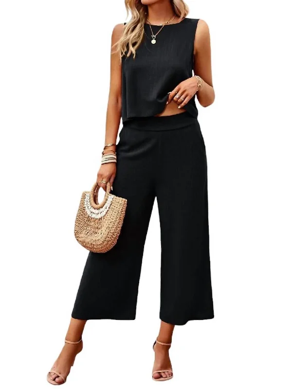 women's halter neck summer dress -women's tiered ruffle skirt -Sleeveless Cropped Top And Wide Pants Set In Black