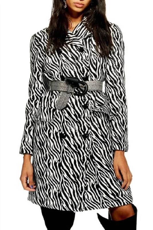 women's cropped shearling jacket -Zebra Print Double Breasted Shimmer Coat In Black/white