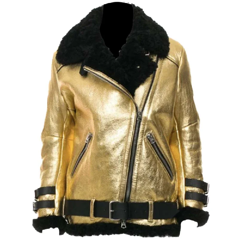 women's suede biker jacket -Women's Golden Leather Aviator Shearling Jacket