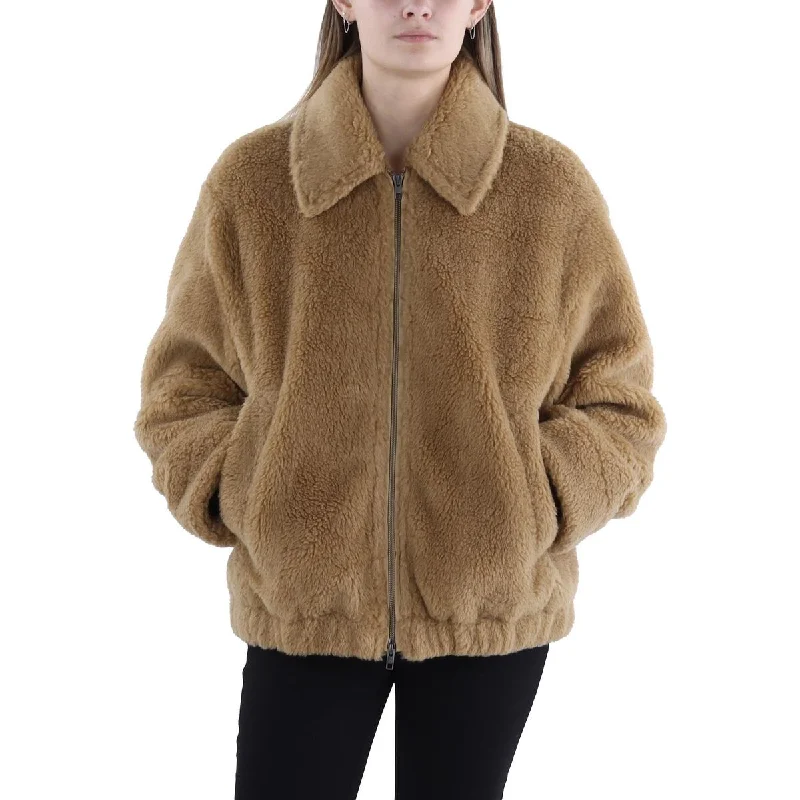 women's long teddy bear coat -Womens Bomber Cold Weather Faux Fur Coat