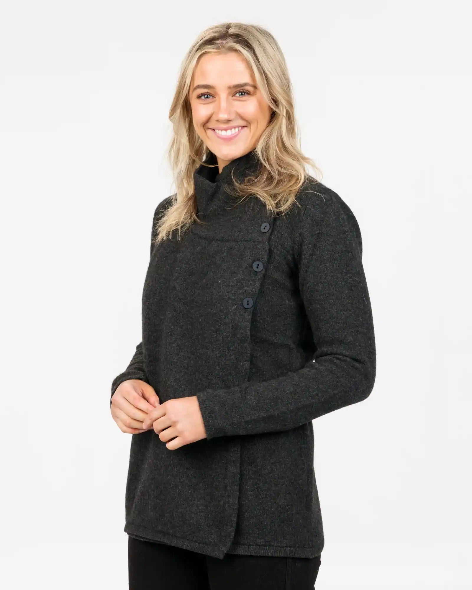 women's button-up cardigan coat -Charcoal Women's Asymmetric Possum Merino Jacket - NS664