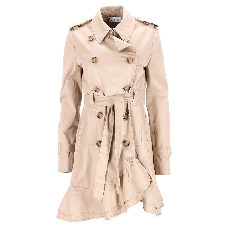 trendy oversized long coat for women -Red Valentino Double-Breasted Ruffle Coat in Beige Cotton