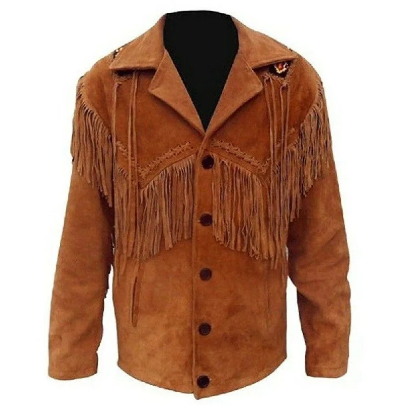 women's warm wool overcoat -Cowboy Western Leather Fringe Brown Jacket