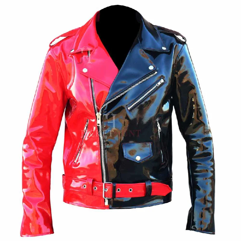 women's leather belted trench coat -JOKER Hot Red Black PVC Vinyl Motorcycle Jacket