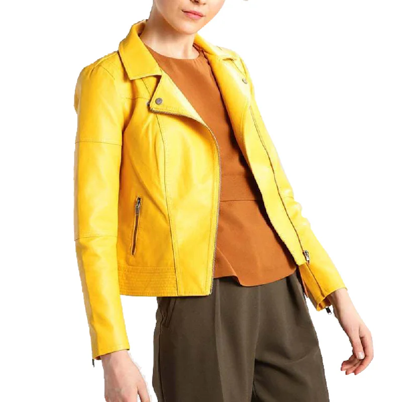 trendy camo print jacket for women -Stylish Yellow Slim Fit Leather Jacket Women's