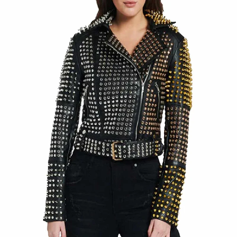 women's belted faux suede coat -Golden Silver Studded Leather Jacket