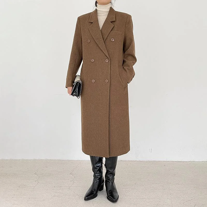 stylish waterfall drape coat for women -Brown Long Thicken Wool Overcoat