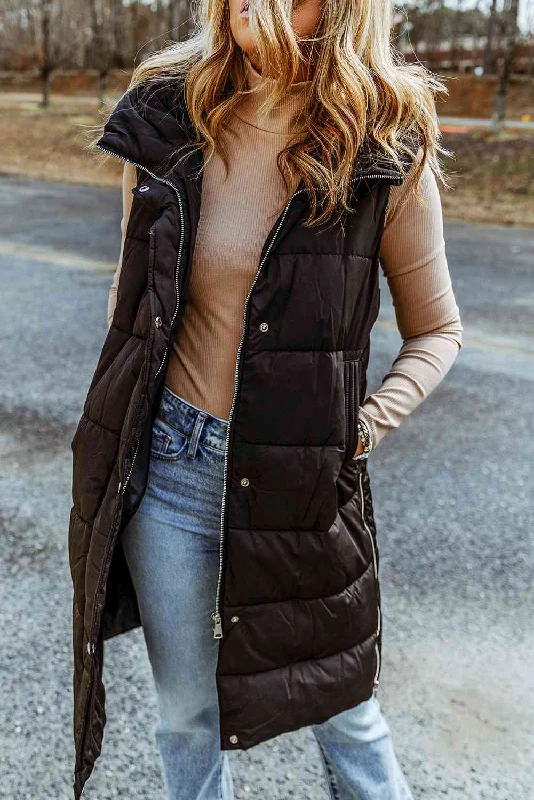 stylish waterfall drape coat for women -Longline Hooded Sleeveless Puffer Vest