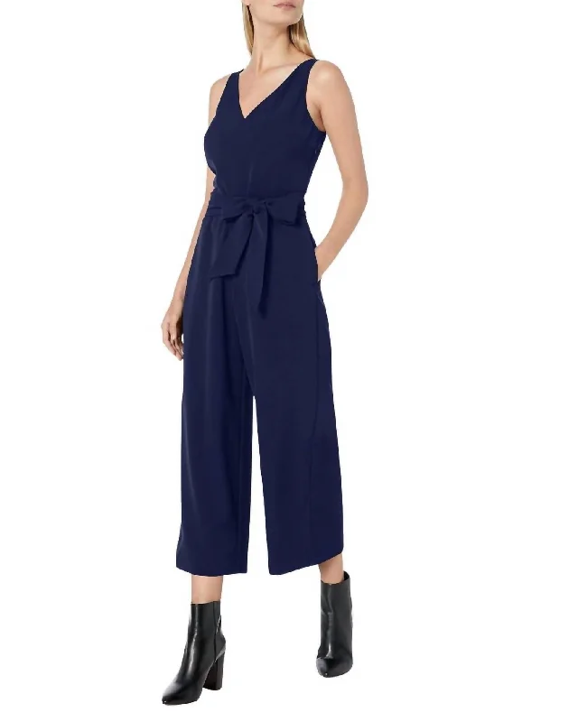 women's flowy ruffle dress -women's vintage high-waisted shorts -Sleeveless V-Neck Jumpsuit In Blue