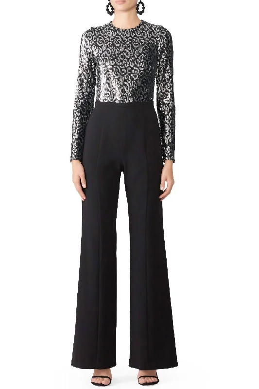 women's ruched bodycon dress -women's slim-fit ankle trousers -Lazaro Sequin Jumpsuit In Black