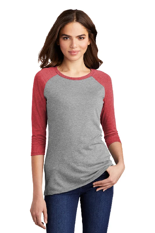 ladies' frilled neckline blouse -District Womens Perfect Tri 3/4 Sleeve Crewneck T-Shirt - Grey Frost/Red