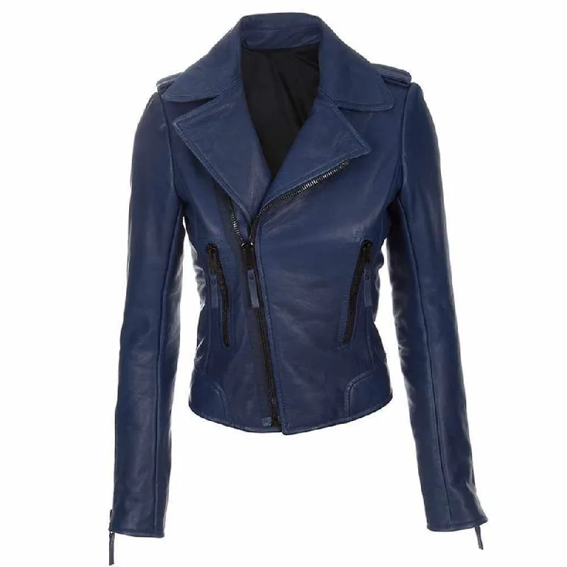 women's cashmere blend coat -Slim Fit Dark Navy Blue Biker Leather Jacket