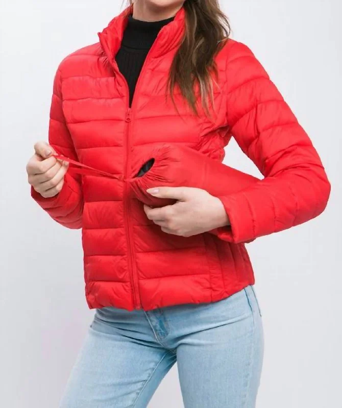 women's classic zip-up fleece jacket -Ultra Lightweight Padded Thermal Zip Up Jacket In Red