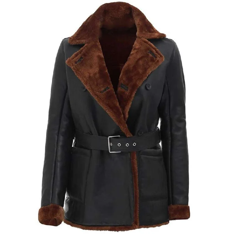 women's classic pea coat -Double Breasted Shearling Leather Coat Women Winters Jacket