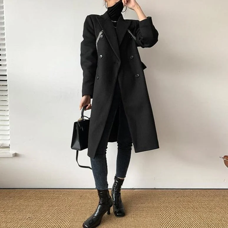 women's longline denim coat -Black Link Double Breasted Chunky Long Wool Coat