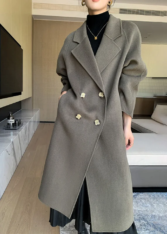 women's color block wool coat -Noelle Double Breasted Button Wool Long Coat