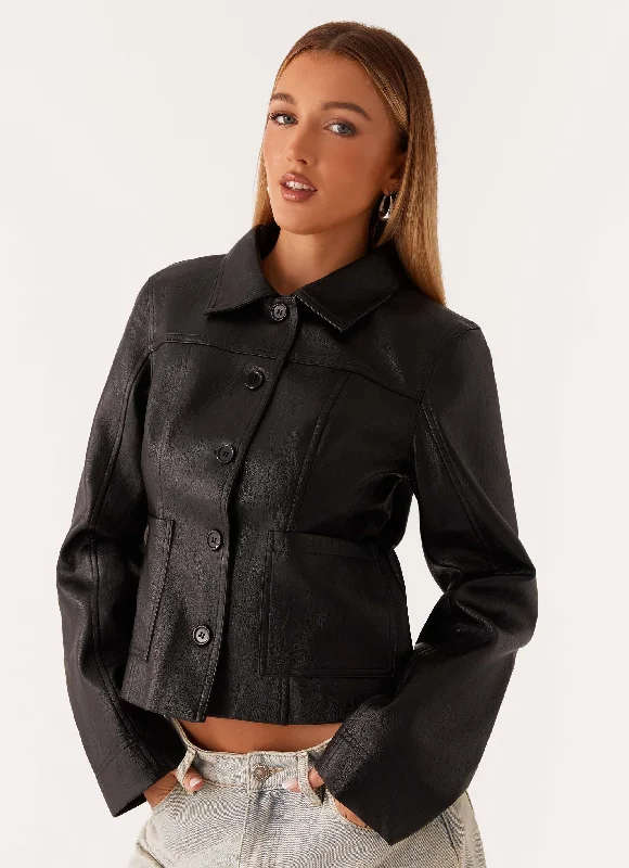 women's hooded trench coat -Verona Faux Leather Jacket - Black