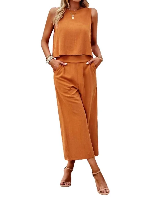 ladies' adjustable strap sundress -ladies' ruched bodycon mini skirt -Sleeveless Cropped Top And Wide Pants Set In Orange