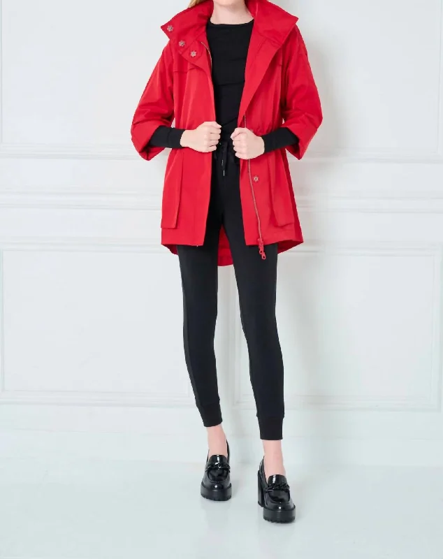 trendy oversized parka for women -Crinkle Rain Jacket In Cherry Red