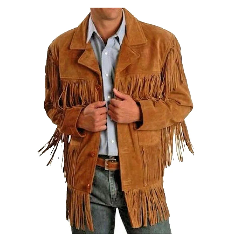 women's knitted cardigan coat -Men Western Cowboy Leather Fringes Jacket