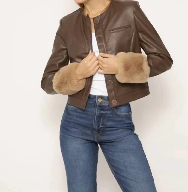 women's button-up cardigan coat -Nola Fur Cuff Lady Jacket In Brown