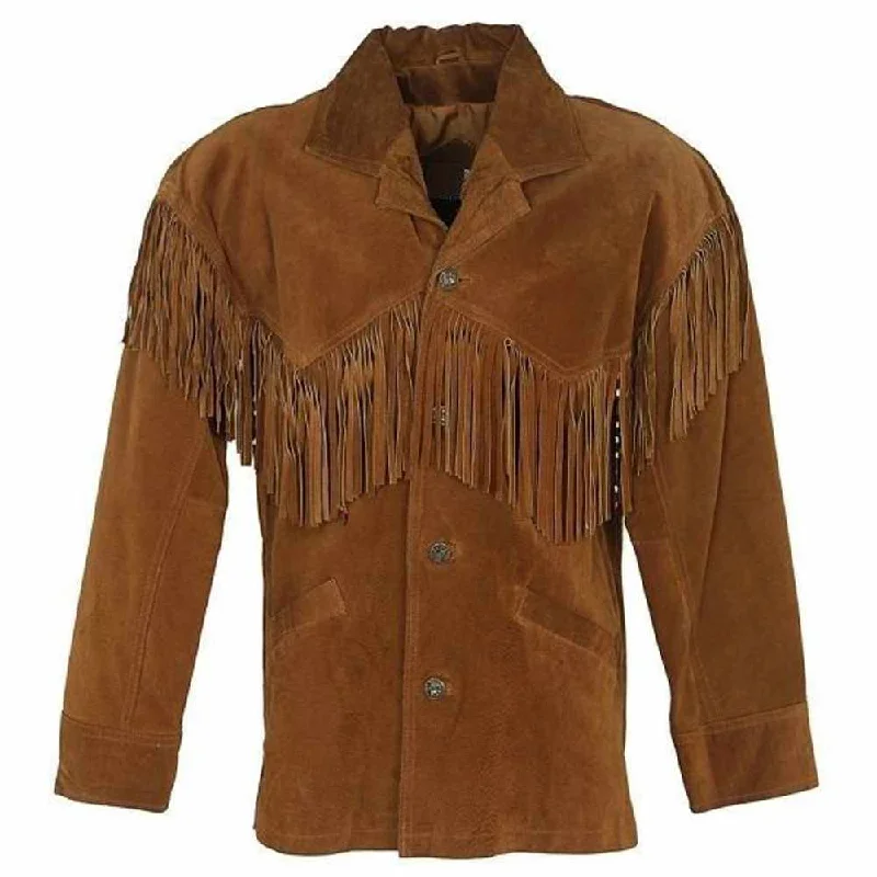 women's structured tweed blazer -Native American Buffalo Skin Suede Leather Fringe Western Shirt Jacket