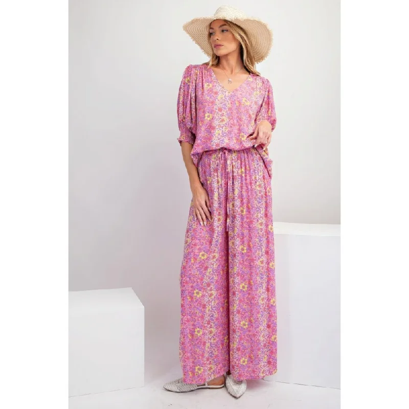 women's ruffle-trim smocked dress -women's belted skater skirt -Pink Rayon Floral Print Gauze Palazzo Pants