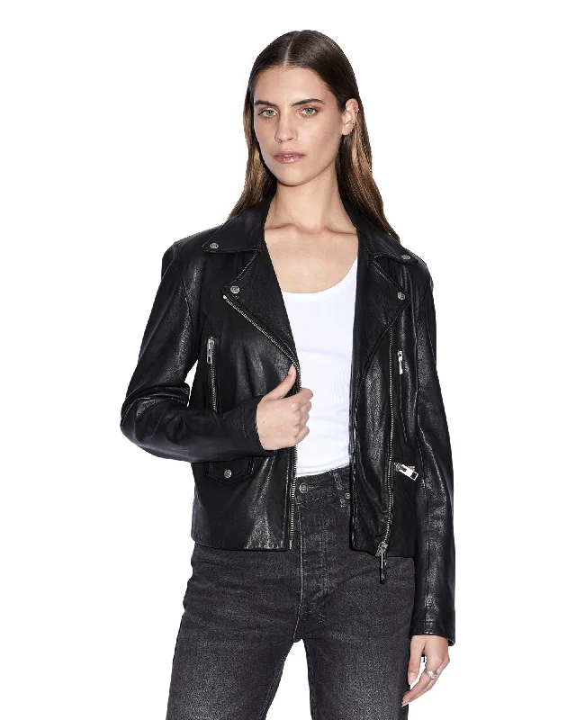 women's striped wool-blend coat -AMPLIFY LEATHER JACKET BLACK