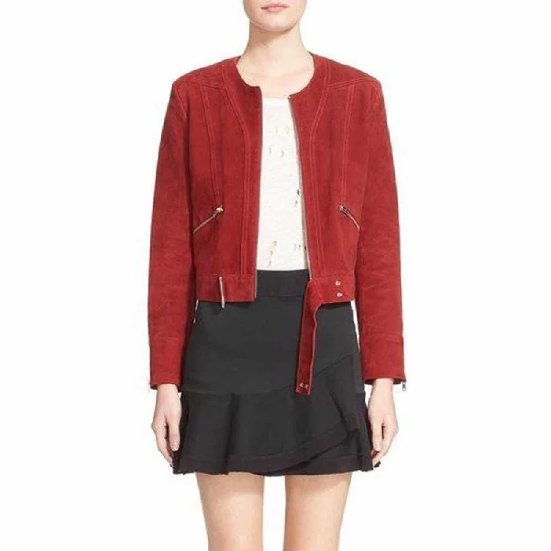 women's quilted lightweight jacket -Chic Slim Fit Burgundy Suede Leather Jacket