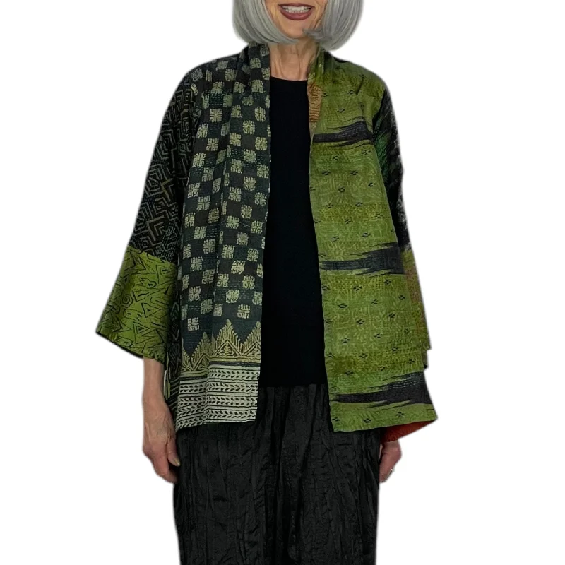 stylish structured blazer for women -VINTAGE SILK KANTHA KIMONO JACKET