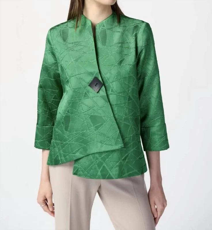 women's cropped tweed jacket -Geometric Buttoned Jacket Style In Island Green