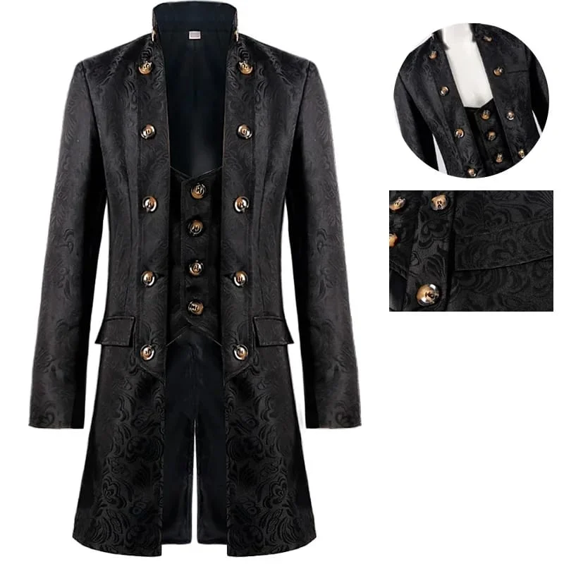 ladies' fitted waist coat -Classic Medieval Men Costume Jacquard Stand Collar Larp Viking Cosplay Jacket Coat 2XL S4854950